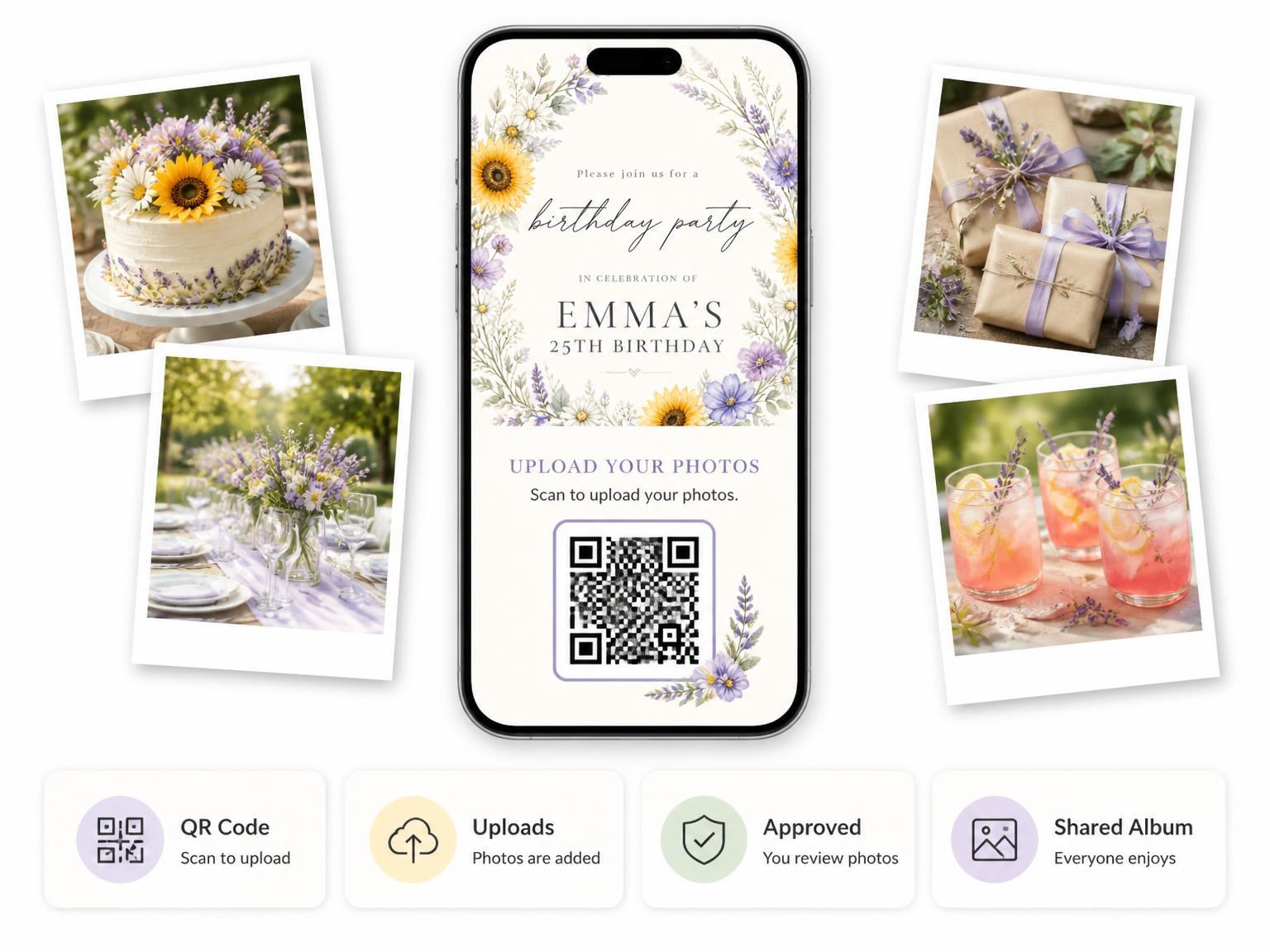 The shared photo gallery that comes with the Wildflower Wreath Lavender 25th Birthday Invitation invitation