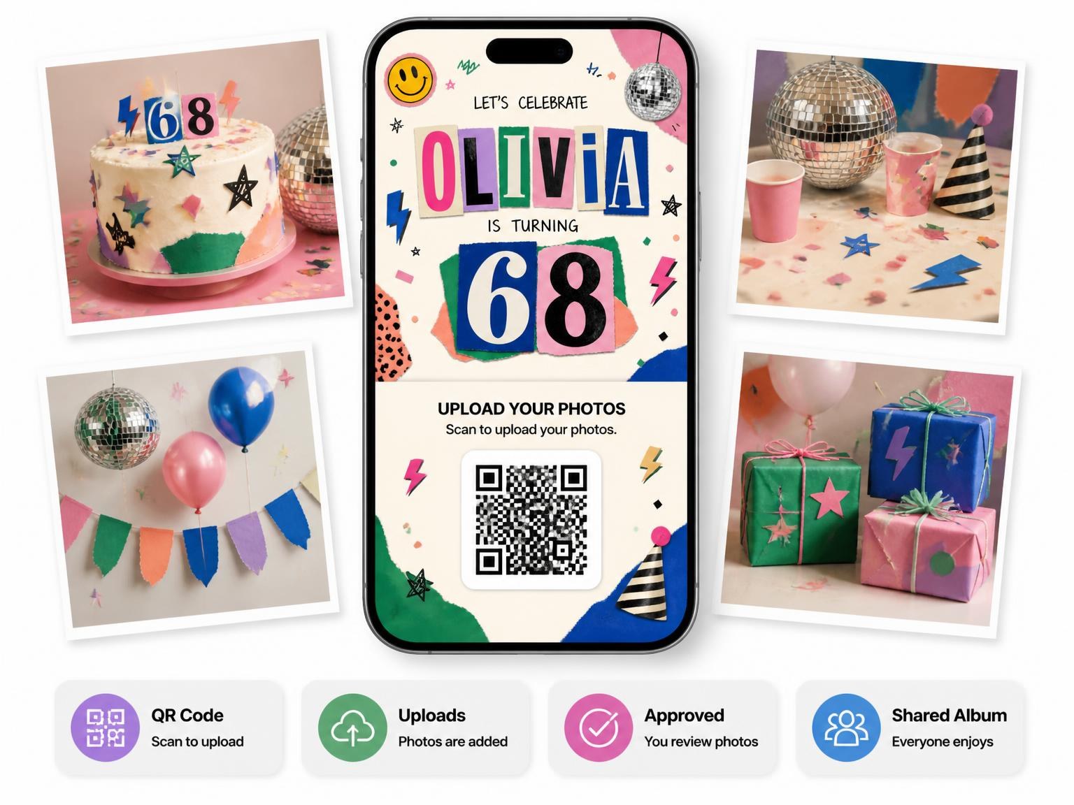 The shared photo gallery that comes with the Retro Paper Collage 68th Birthday Invitation invitation