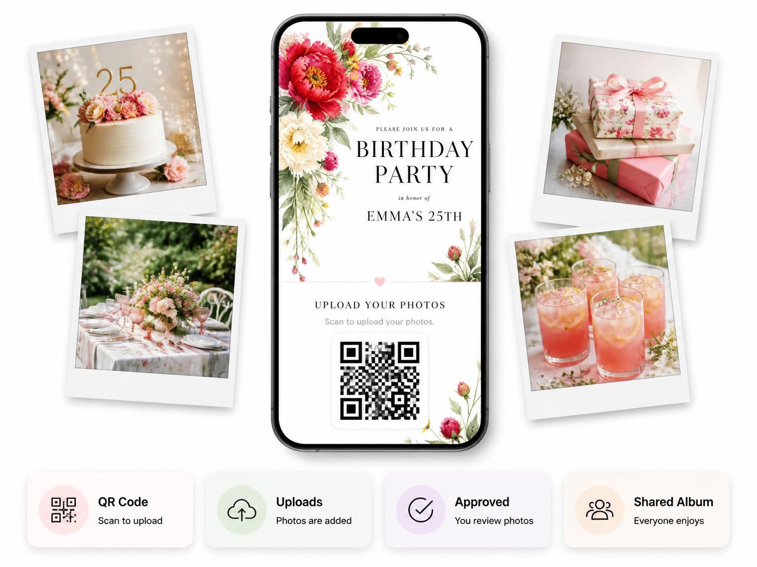 The shared photo gallery that comes with the Botanical Bouquet Scarlet 25th Birthday Invitation invitation