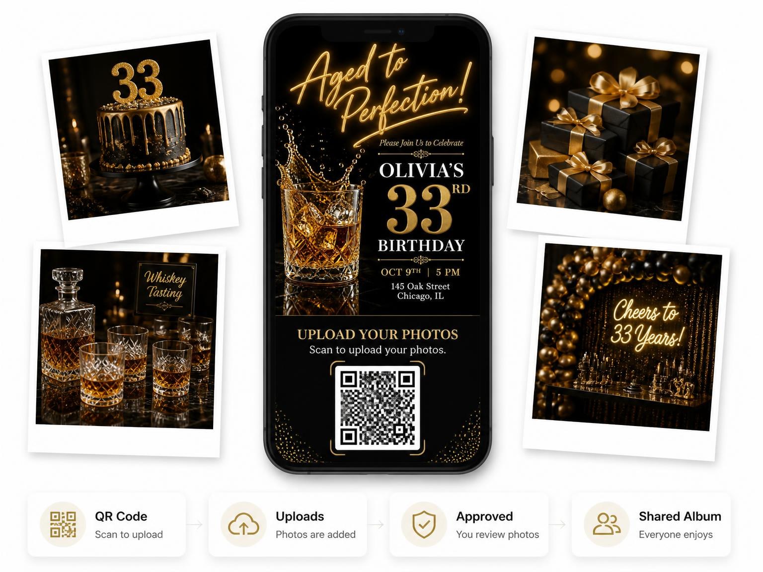 The shared photo gallery that comes with the Whiskey Tumbler 33rd Birthday Invitation invitation