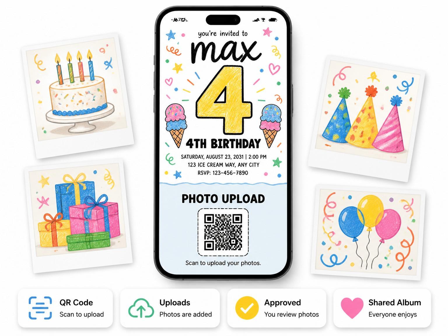 The shared photo gallery that comes with the Crayon Ice Cream 4th Birthday invitation