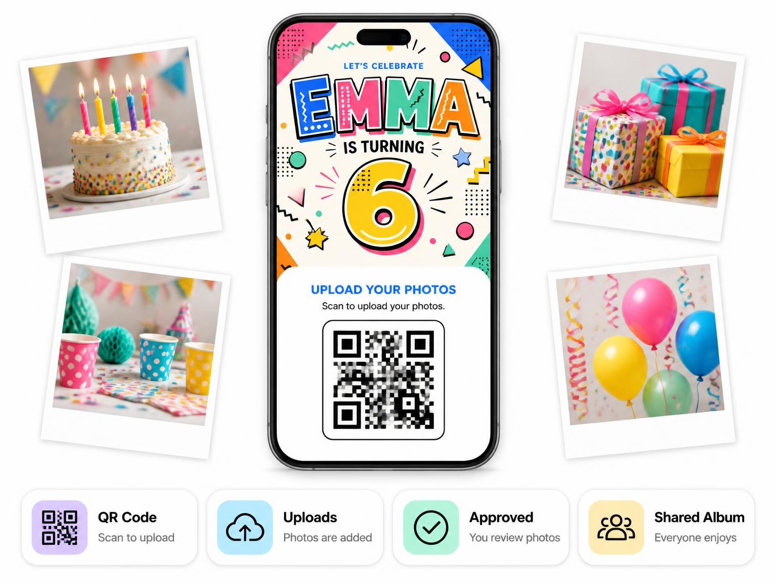 The shared photo gallery that comes with the Memphis Pop 6th Birthday Invitation invitation