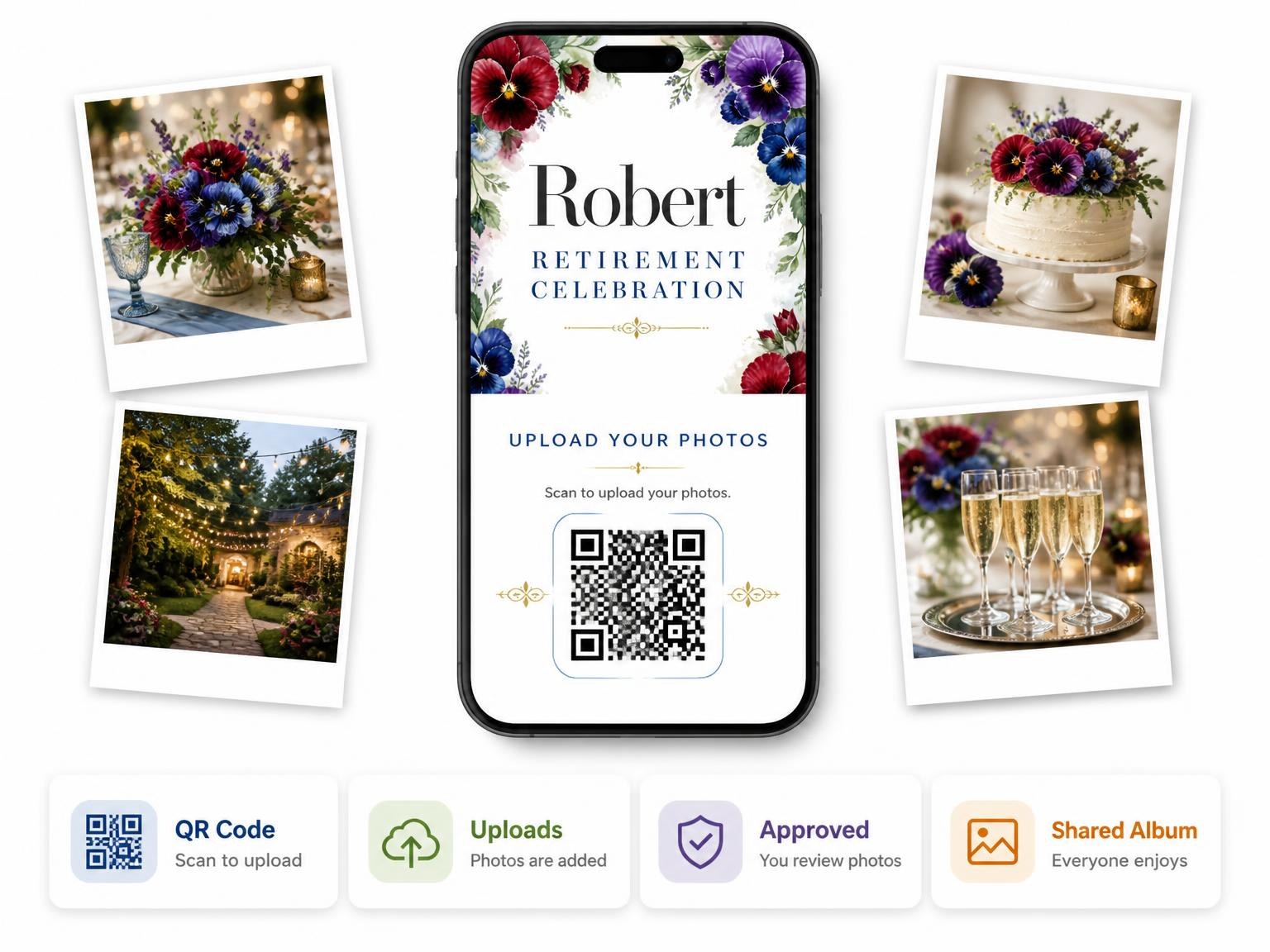 The shared photo gallery that comes with the Pansy Floral Retirement Party Invitation invitation