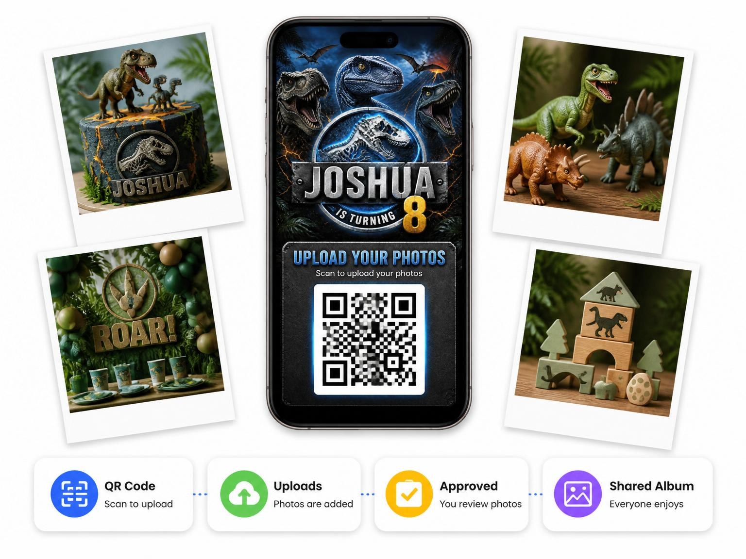 The shared photo gallery that comes with the Jurassic Dinosaur 8th Birthday Invitation invitation