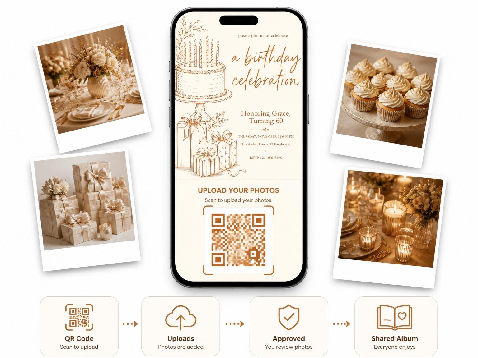 The shared photo gallery that comes with the Bronze Illustration 60th Birthday Cake Invitation invitation