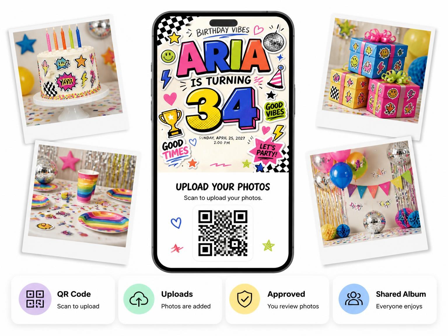 The shared photo gallery that comes with the Sticker Pop 34th Birthday Invitation invitation