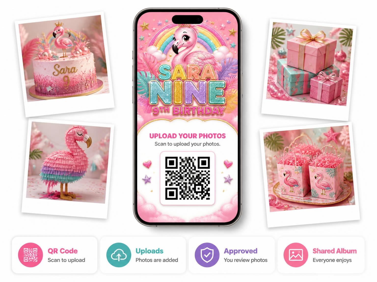 The shared photo gallery that comes with the Glitter Flamingo 9th Birthday Invitation invitation