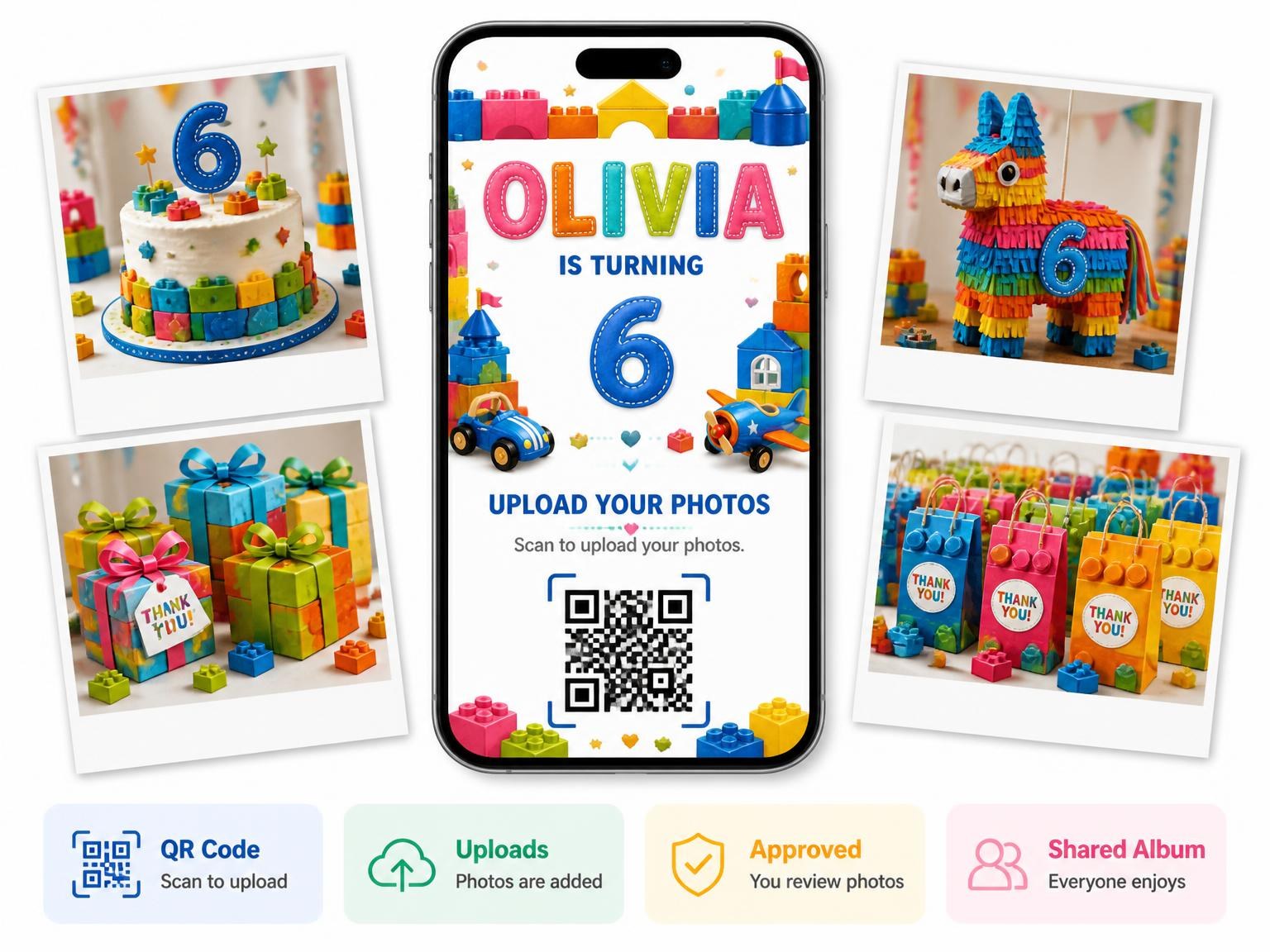The shared photo gallery that comes with the Stitched Toy Blocks 6th Birthday Invitation invitation