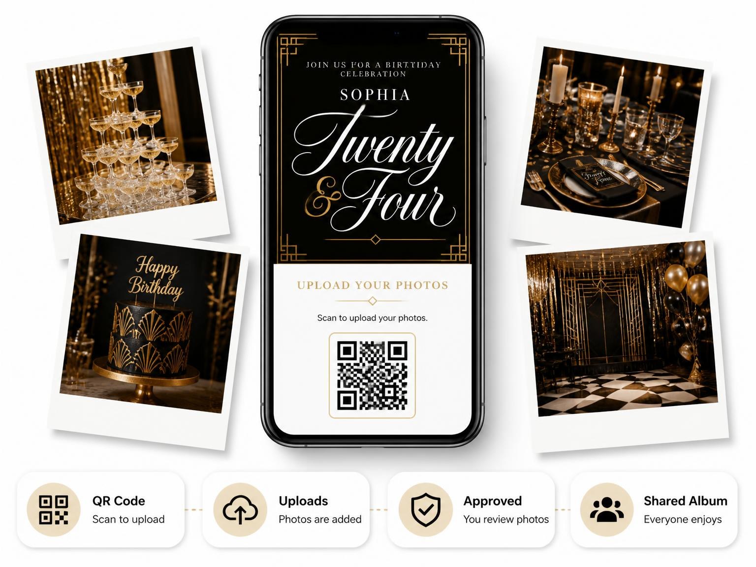 The shared photo gallery that comes with the Art Deco 24th Birthday Invitation invitation