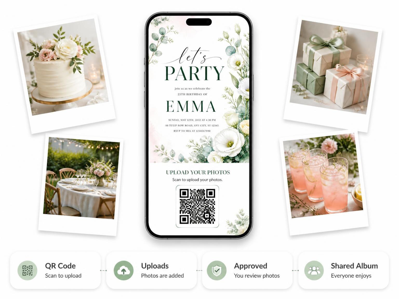 The shared photo gallery that comes with the White Floral Eucalyptus 25th Birthday Invitation invitation