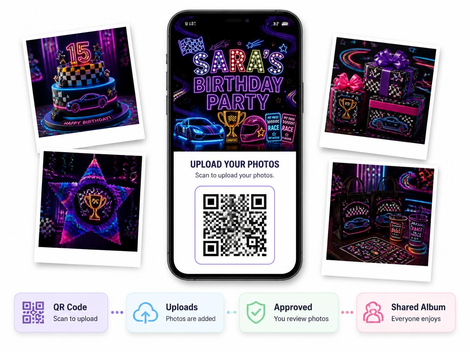 The shared photo gallery that comes with the Neon Race Cars 15th Birthday Invitation invitation