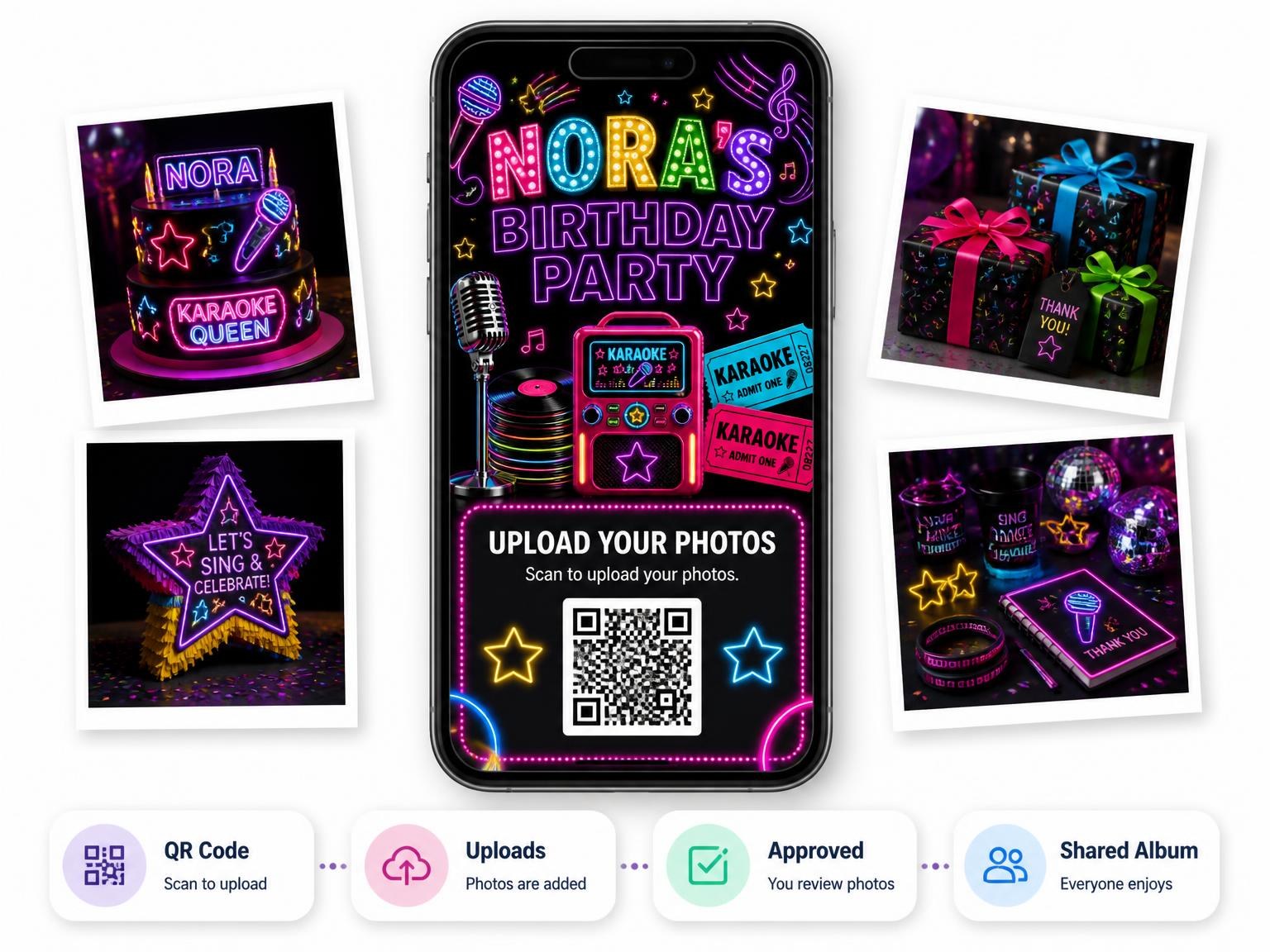 The shared photo gallery that comes with the Neon Karaoke 14th Birthday Invitation invitation