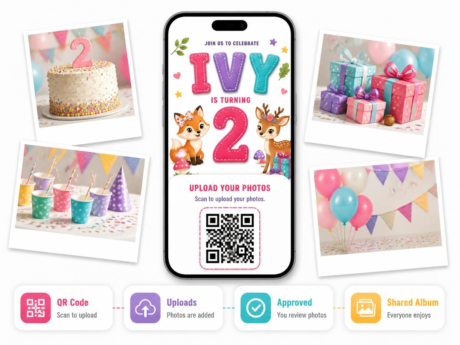 The shared photo gallery that comes with the Deer Fawn Stitched 2nd Birthday Invitation invitation
