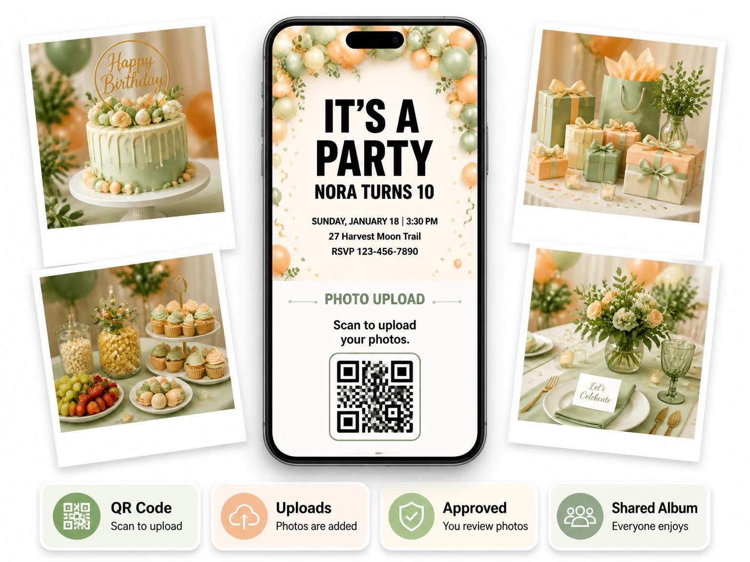 The shared photo gallery that comes with the Sage and Peach Balloon 10th Birthday invitation