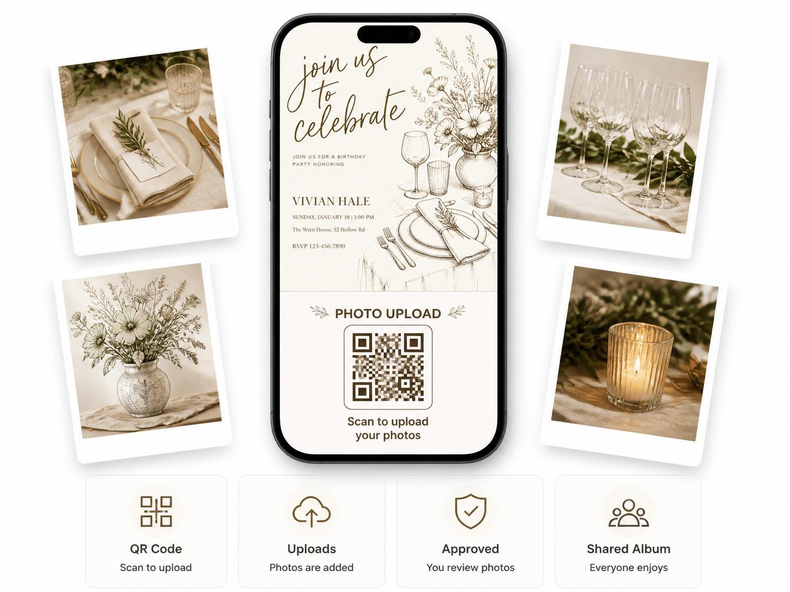 The shared photo gallery that comes with the Cream Line-Art Tabletop Birthday Invitation invitation