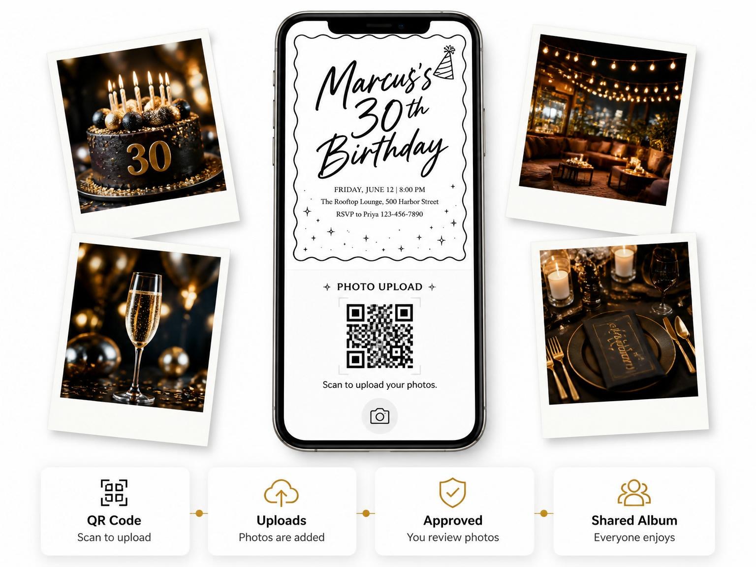 The shared photo gallery that comes with the Black and White Scalloped 30th Birthday Invitation invitation