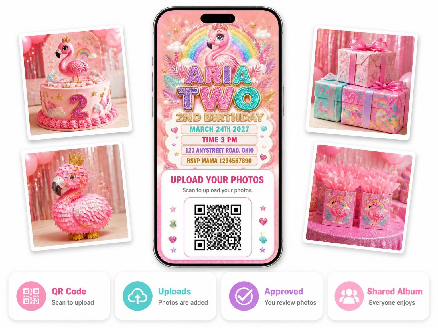 The shared photo gallery that comes with the Glitter Flamingo 2nd Birthday Invitation invitation
