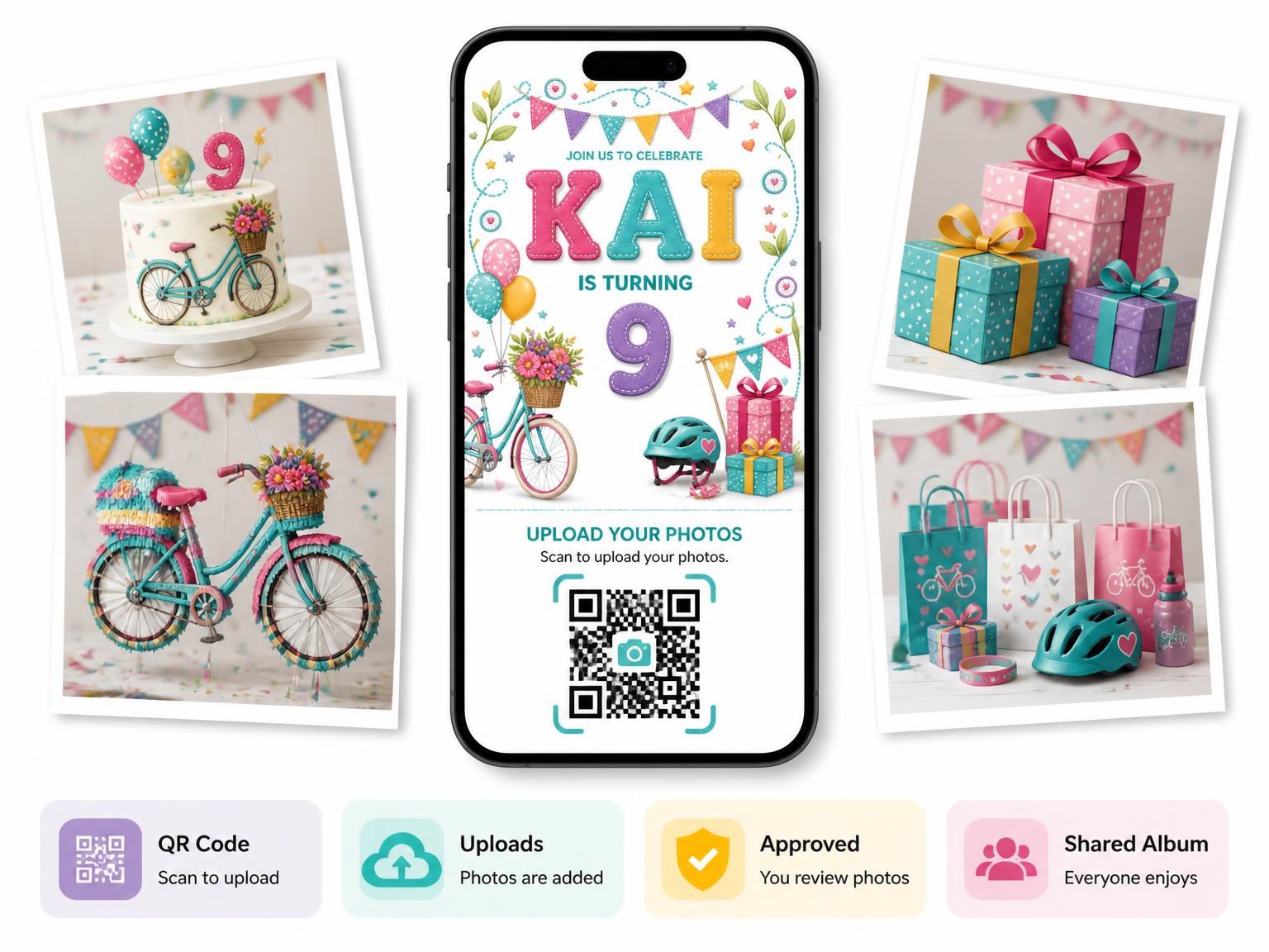 The shared photo gallery that comes with the Stitched Bike Ride 9th Birthday Invitation invitation