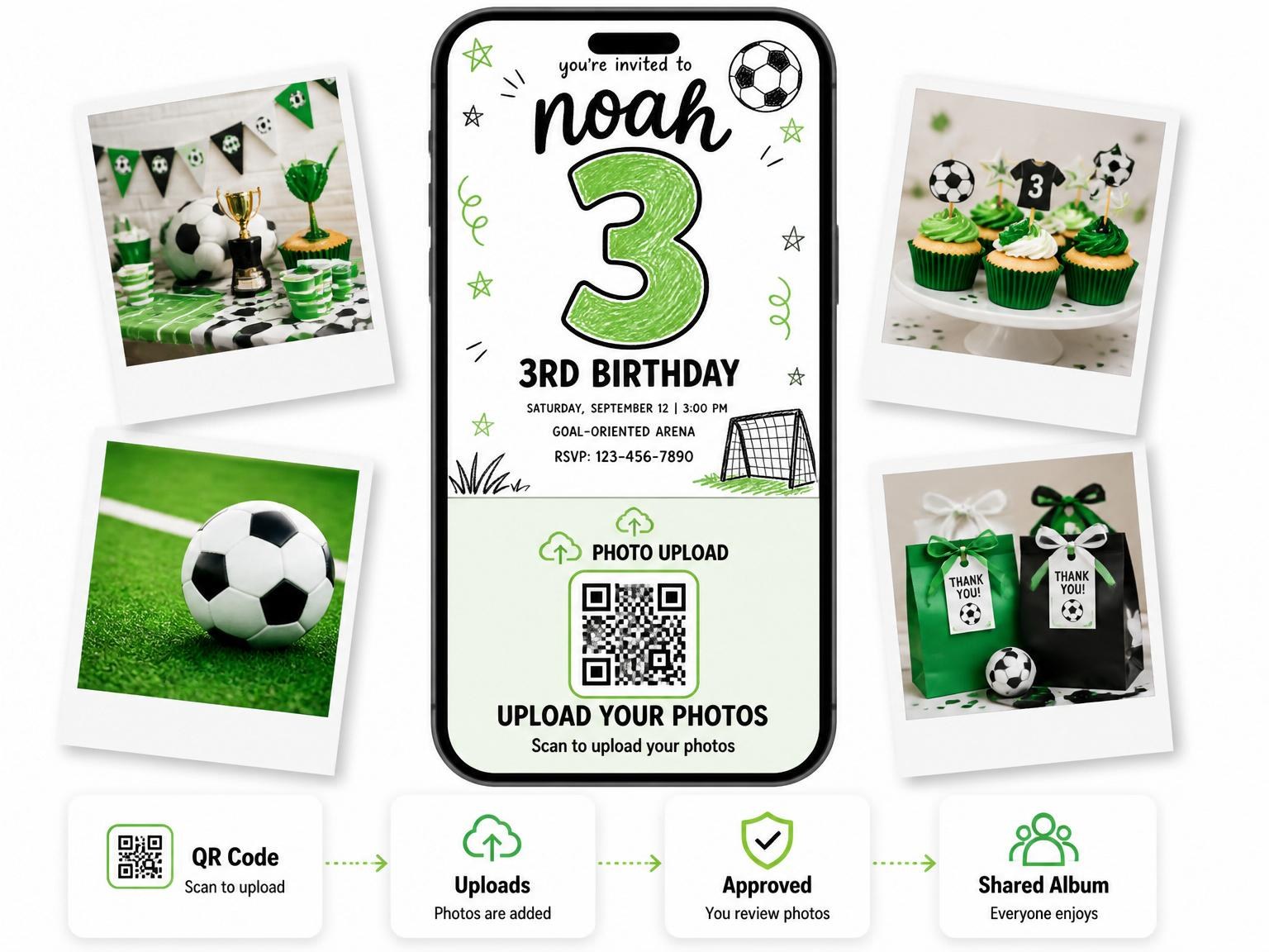 The shared photo gallery that comes with the Crayon Soccer Ball 3rd Birthday Invitation invitation