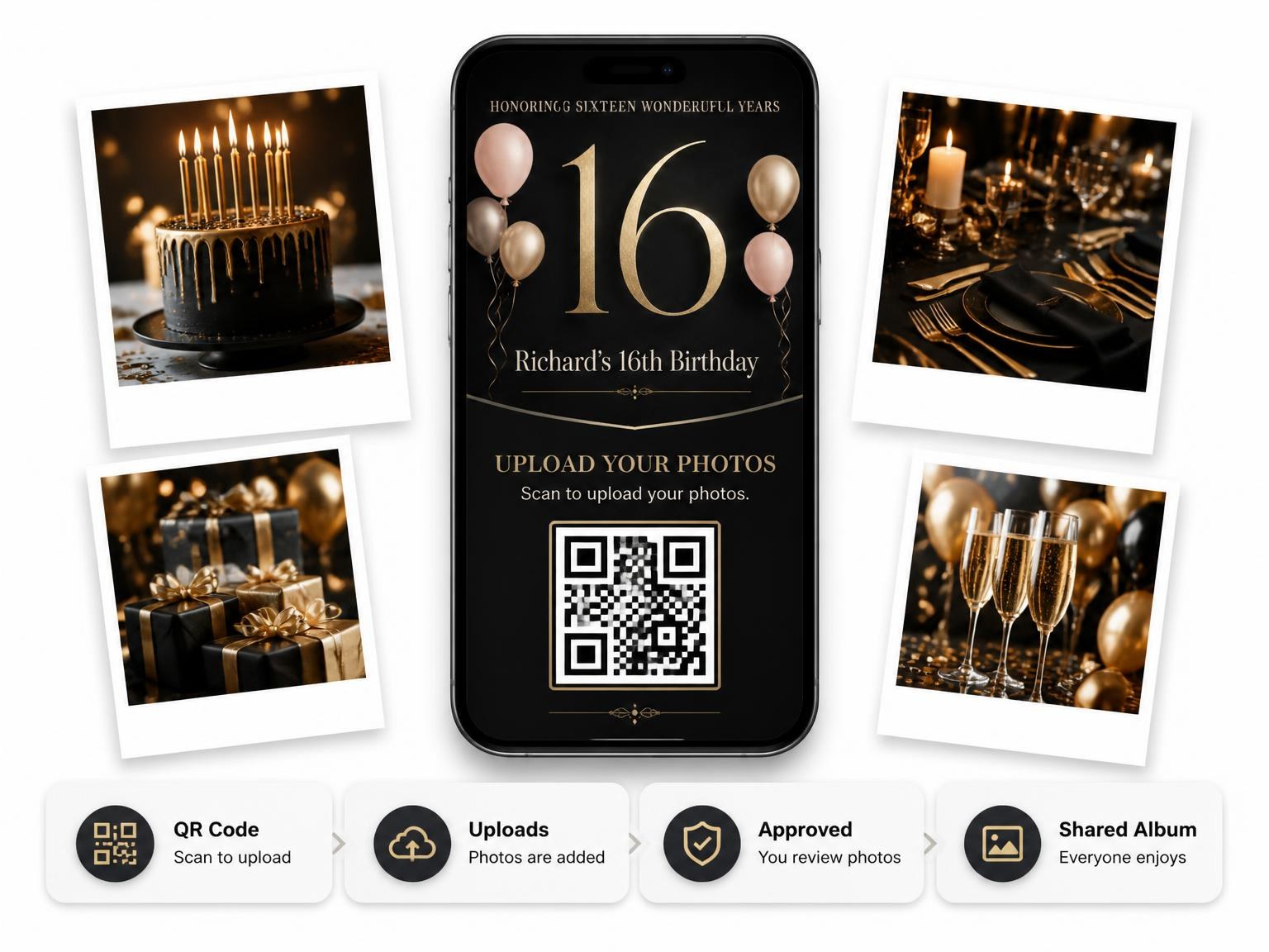 The shared photo gallery that comes with the Charcoal and Blush 16th Birthday Invitation invitation