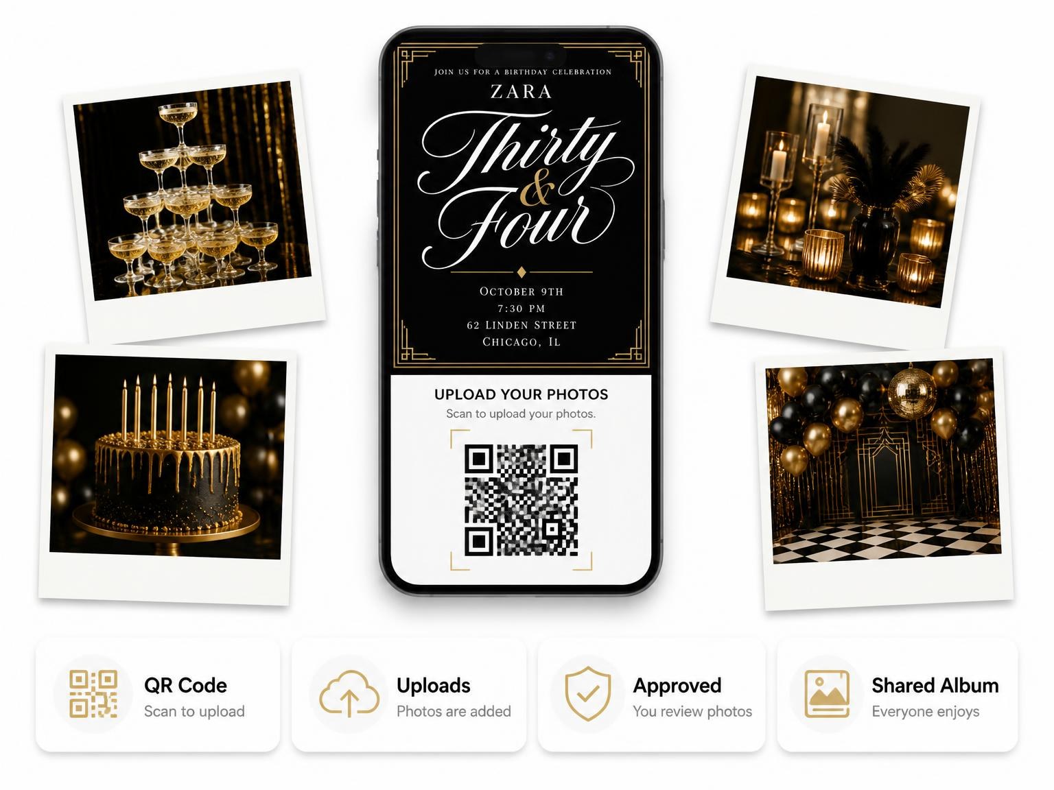 The shared photo gallery that comes with the Art Deco 34th Birthday Invitation invitation