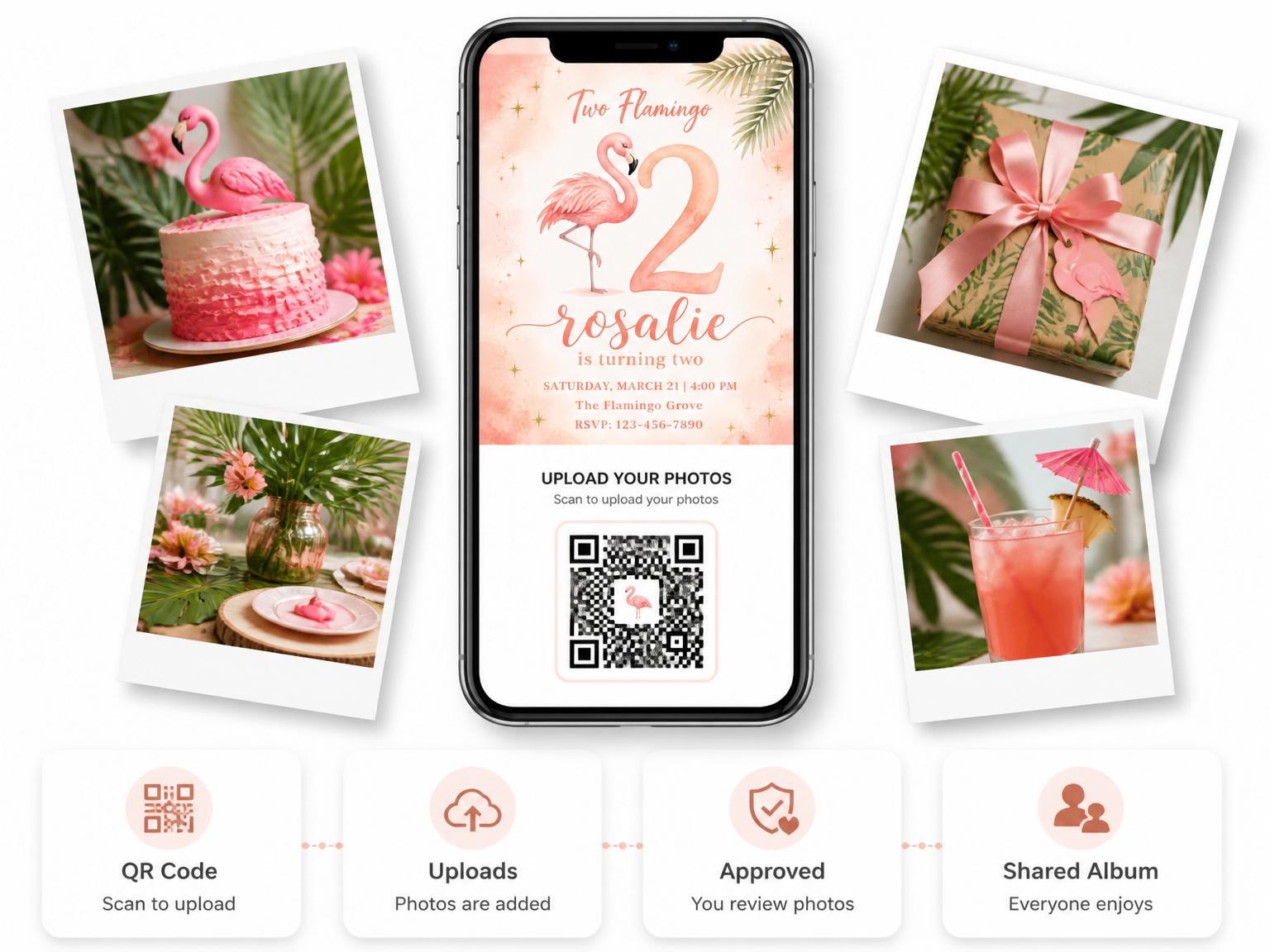The shared photo gallery that comes with the Watercolor Flamingo 2nd Birthday Invitation invitation
