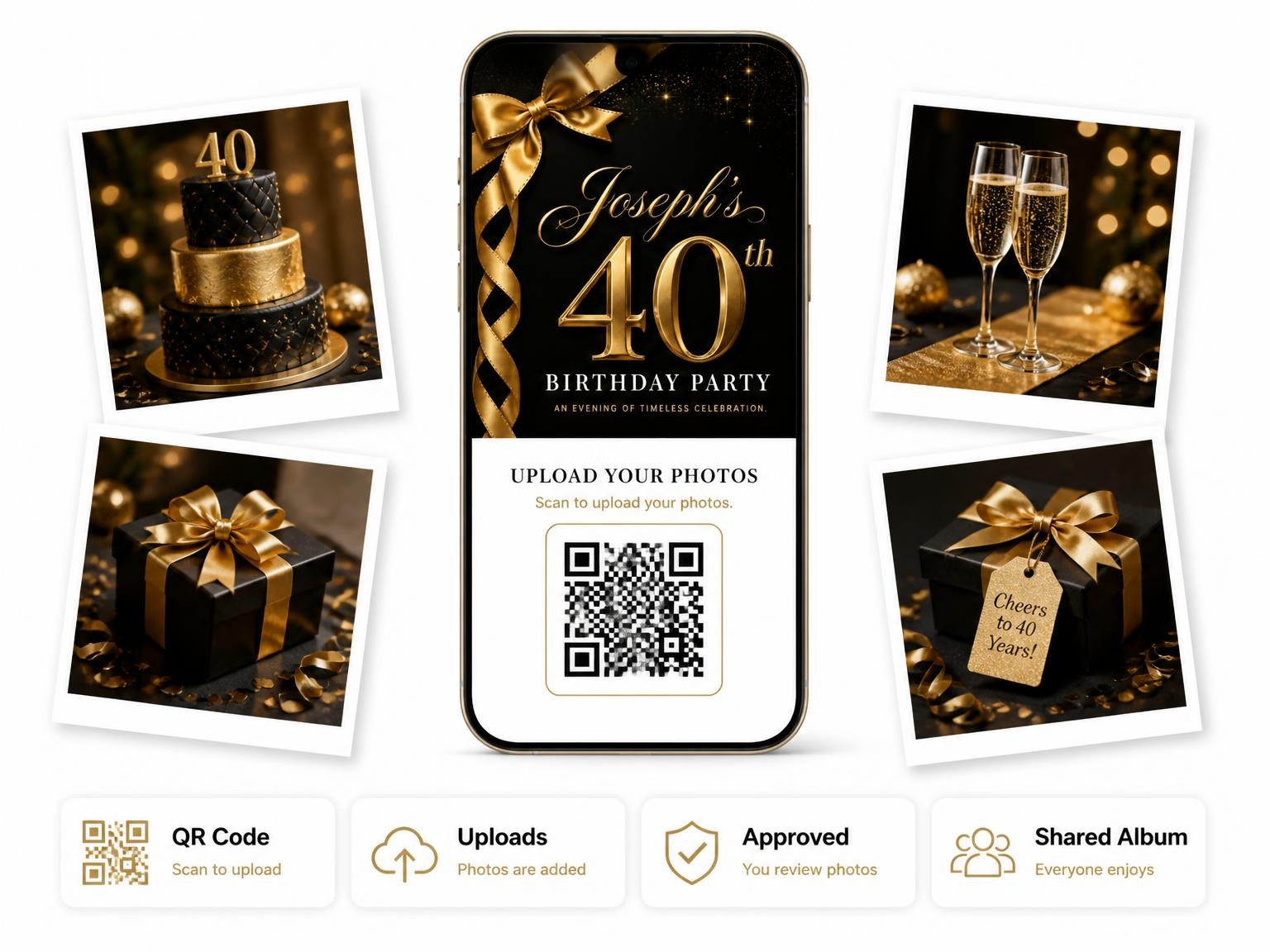 The shared photo gallery that comes with the Black and Gold Ribbon 40th Birthday invitation