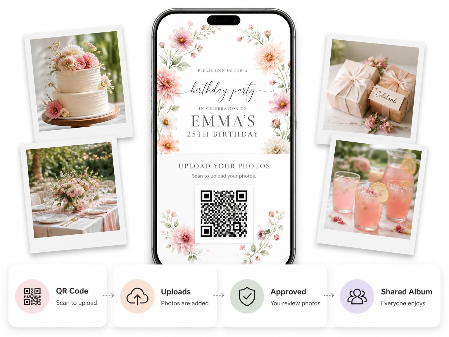 The shared photo gallery that comes with the Dahlia Wreath Blush 25th Birthday Invitation invitation