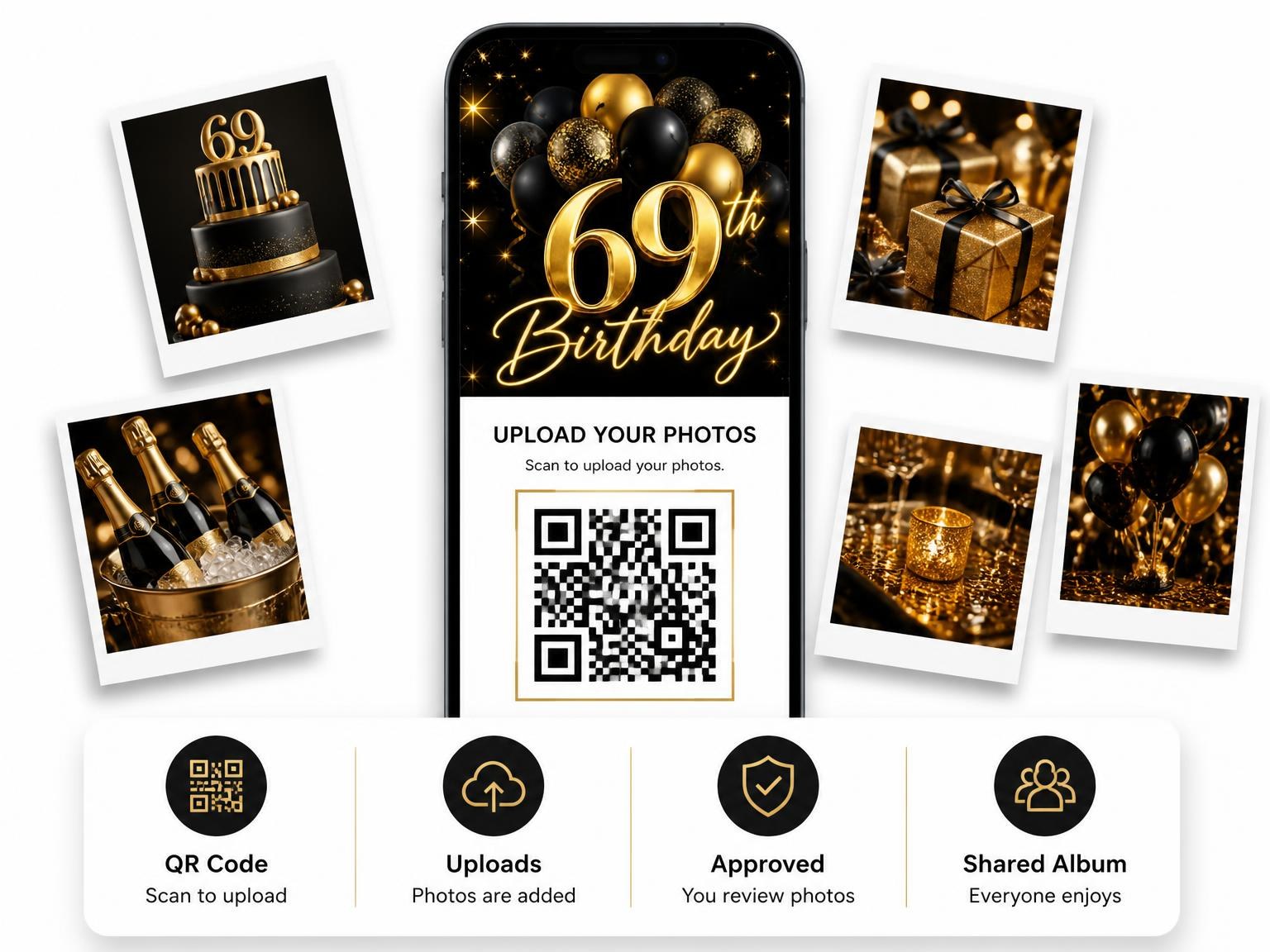 The shared photo gallery that comes with the Black and Gold Balloon 69th Birthday invitation