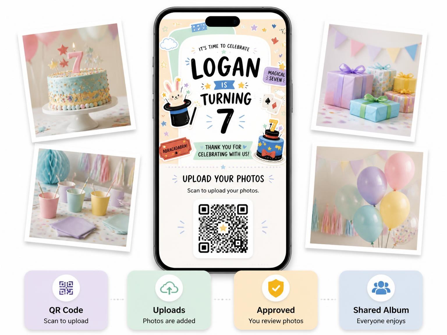 The shared photo gallery that comes with the Magic Bunny Pastel 7th Birthday Invitation invitation