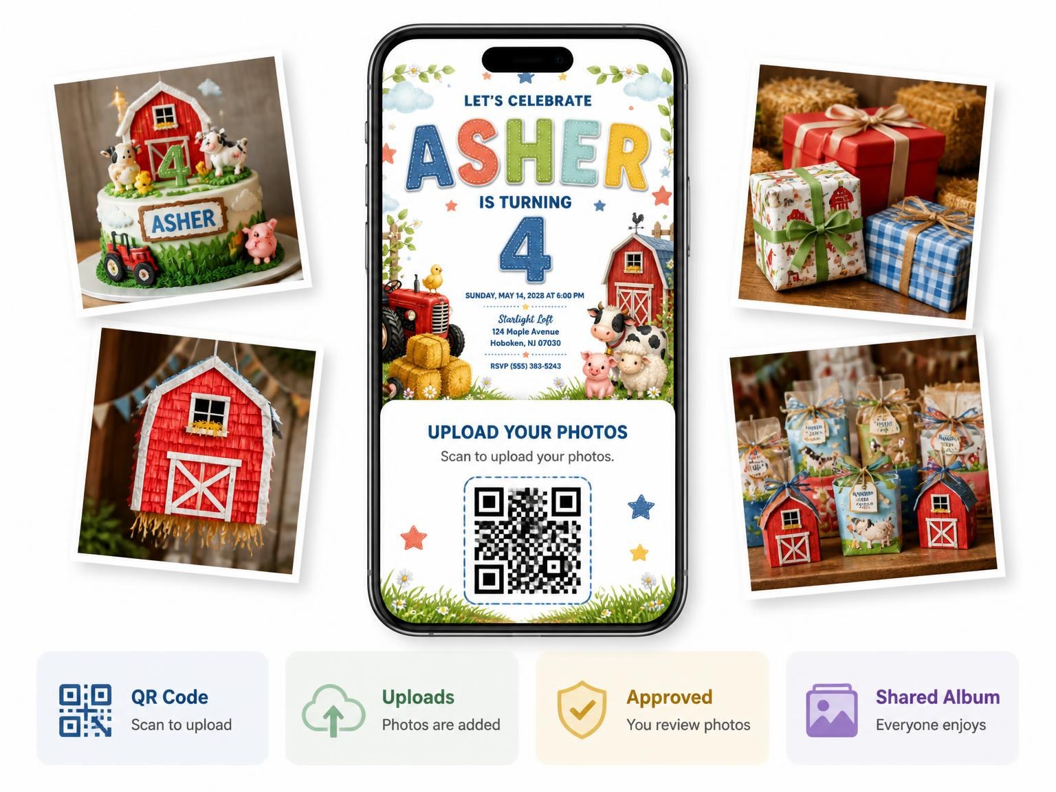 The shared photo gallery that comes with the Stitched Farm 4th Birthday Invitation invitation
