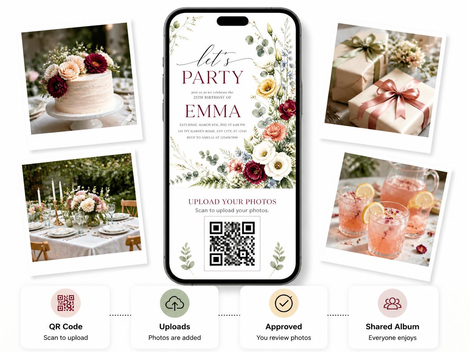 The shared photo gallery that comes with the Golden Burgundy Wildflower 25th Birthday Invitation invitation