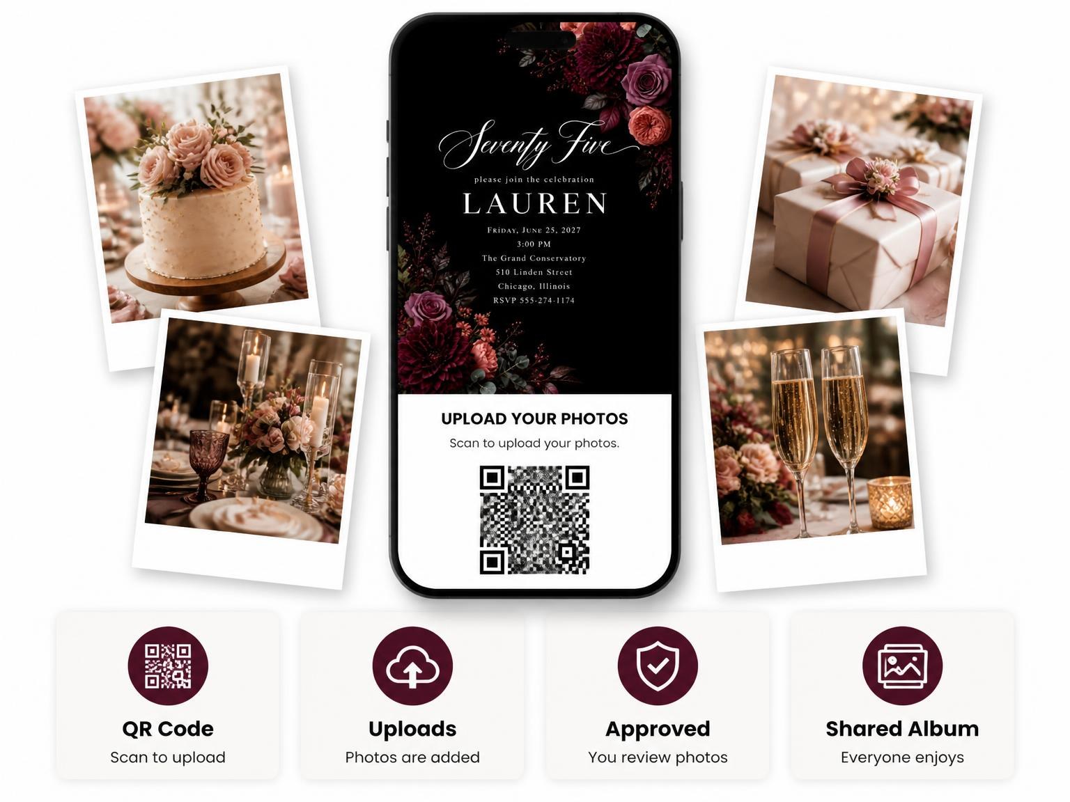 The shared photo gallery that comes with the Black Floral 75th Birthday Invitation invitation