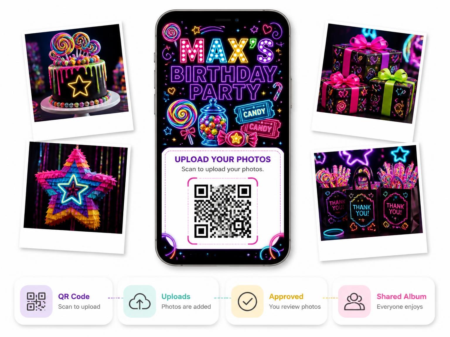The shared photo gallery that comes with the Neon Candy 13th Birthday Invitation invitation