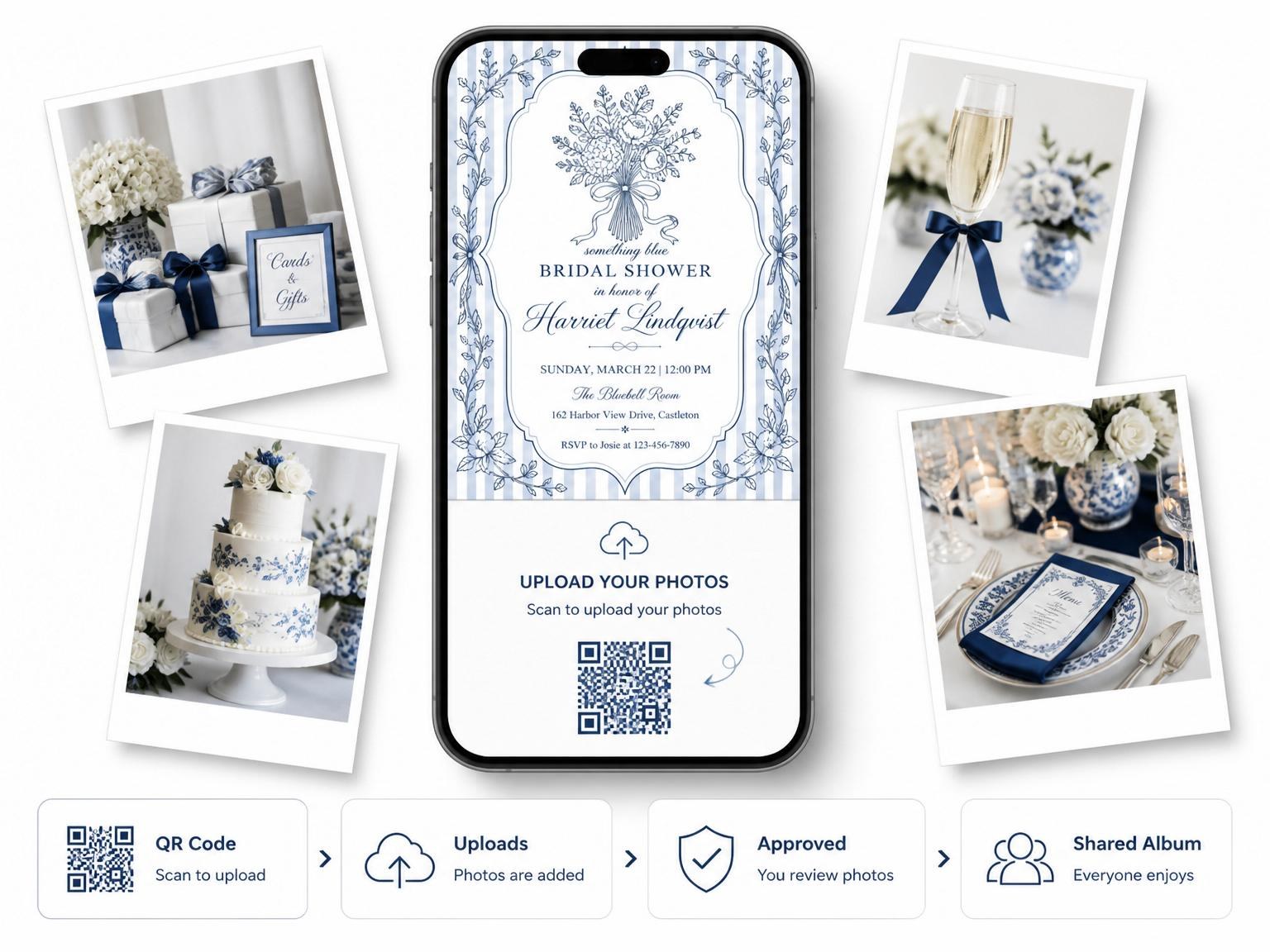 The shared photo gallery that comes with the Navy Stripe Botanical Ribbon Bridal Shower invitation