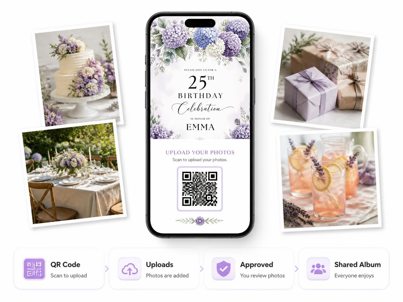 The shared photo gallery that comes with the Hydrangea Garland Lavender 25th Birthday Invitation invitation