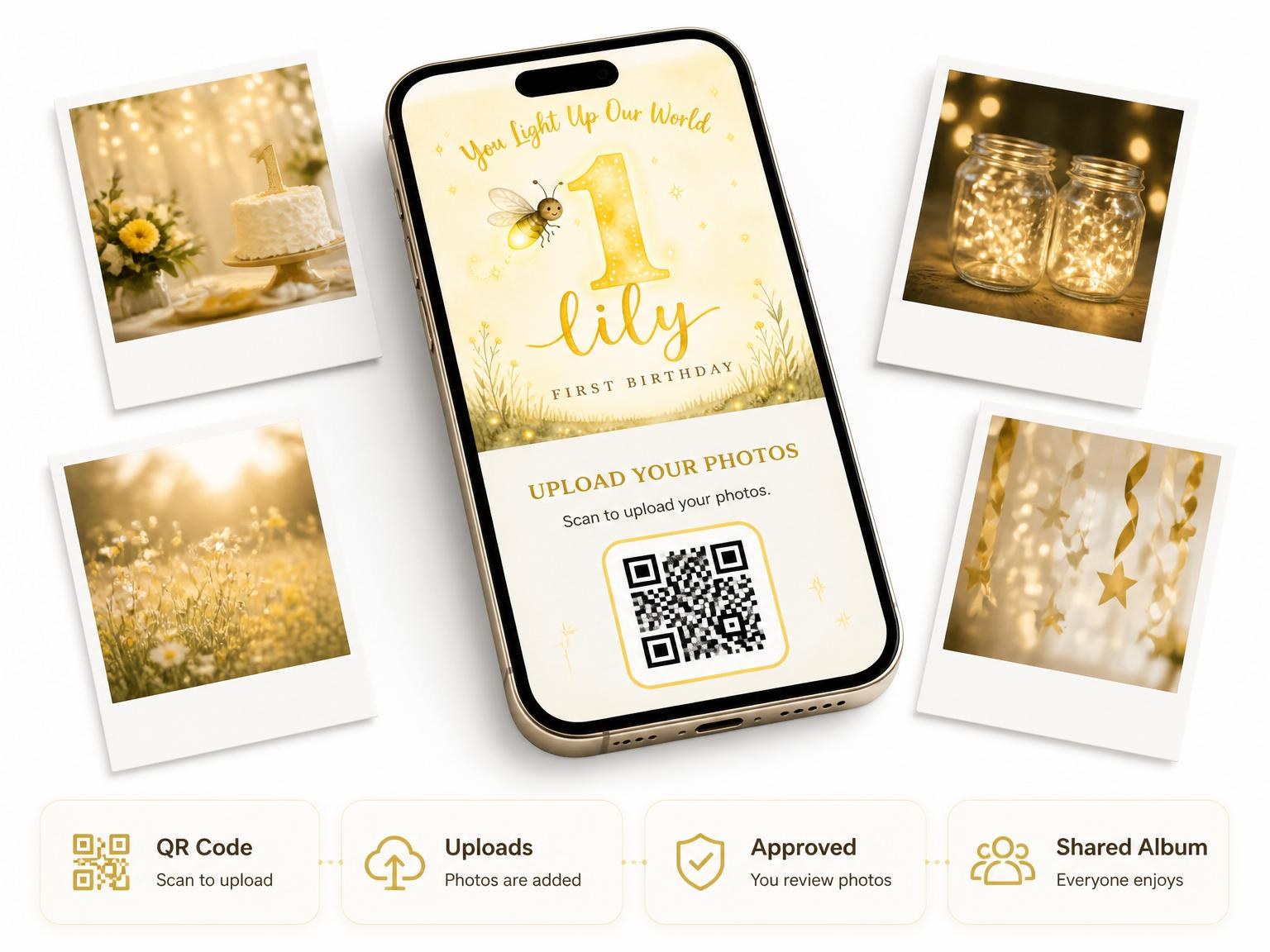 The shared photo gallery that comes with the Watercolor Firefly Gold 1st Birthday invitation