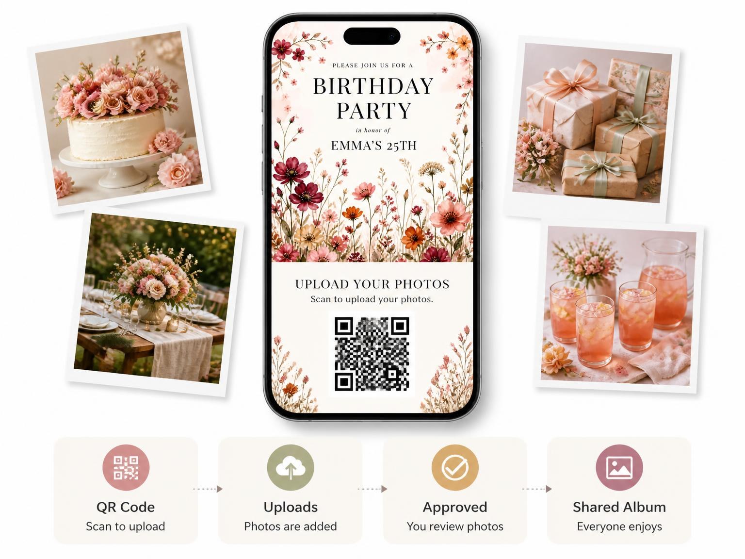 The shared photo gallery that comes with the Wildflower Meadow Autumn 25th Birthday Invitation invitation
