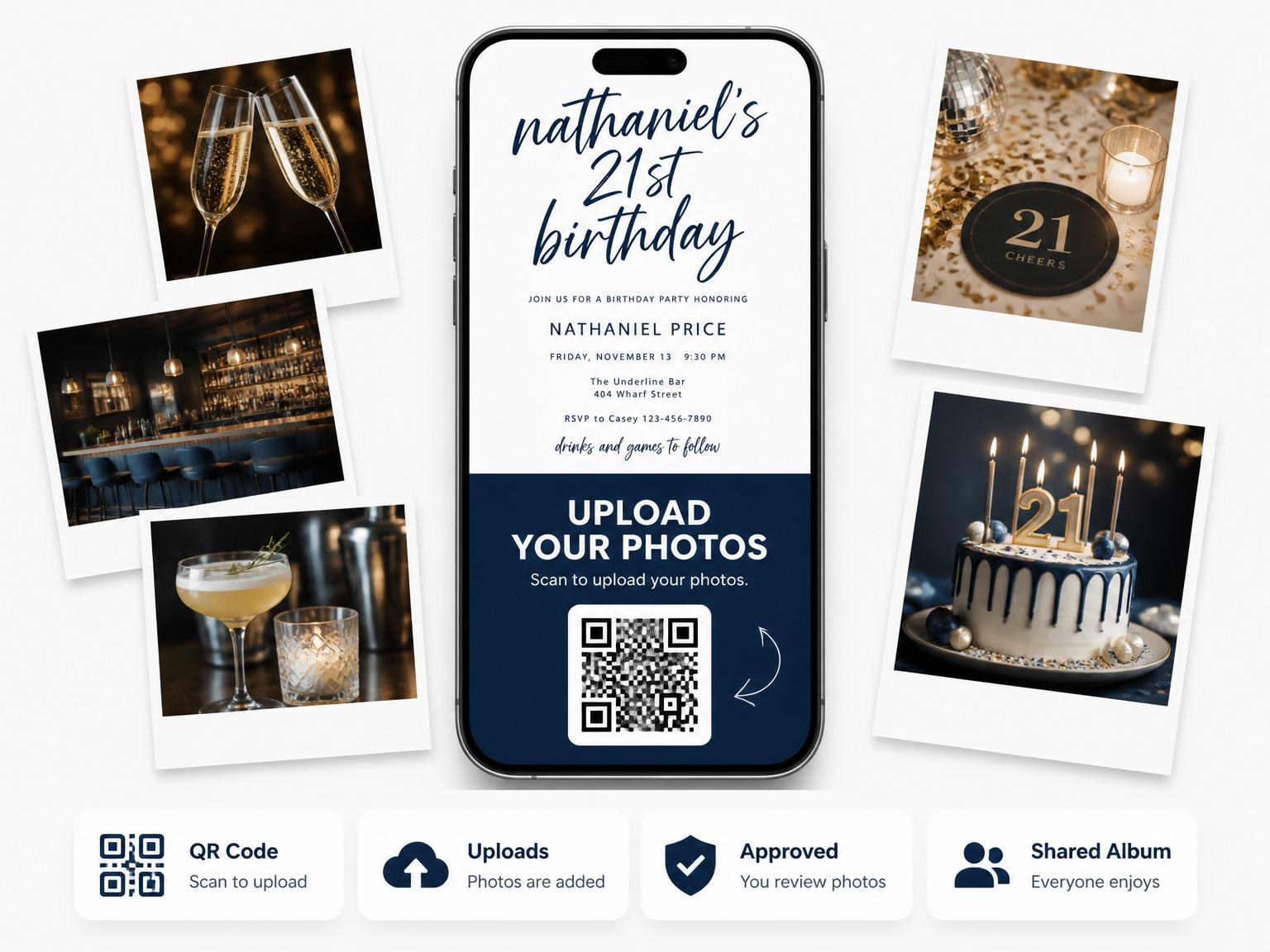 The shared photo gallery that comes with the Navy Script Minimalist Birthday Invitation invitation