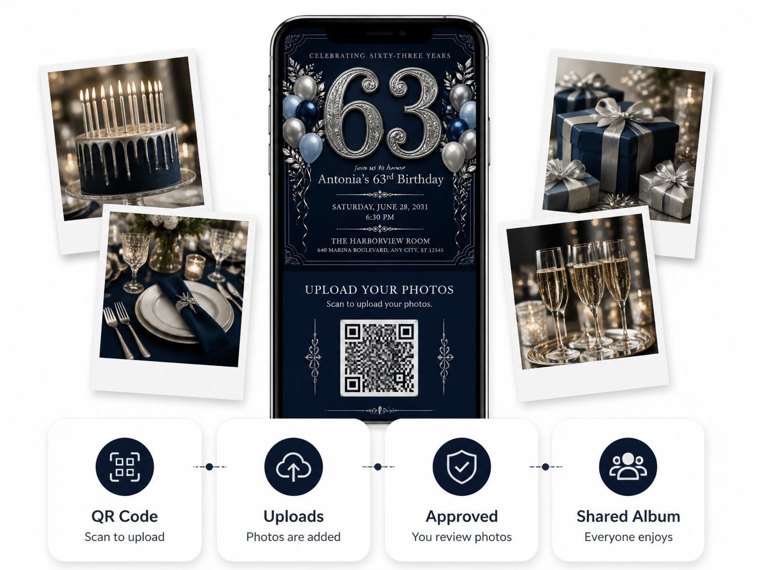 The shared photo gallery that comes with the Navy and Silver 63rd Birthday Invitation invitation