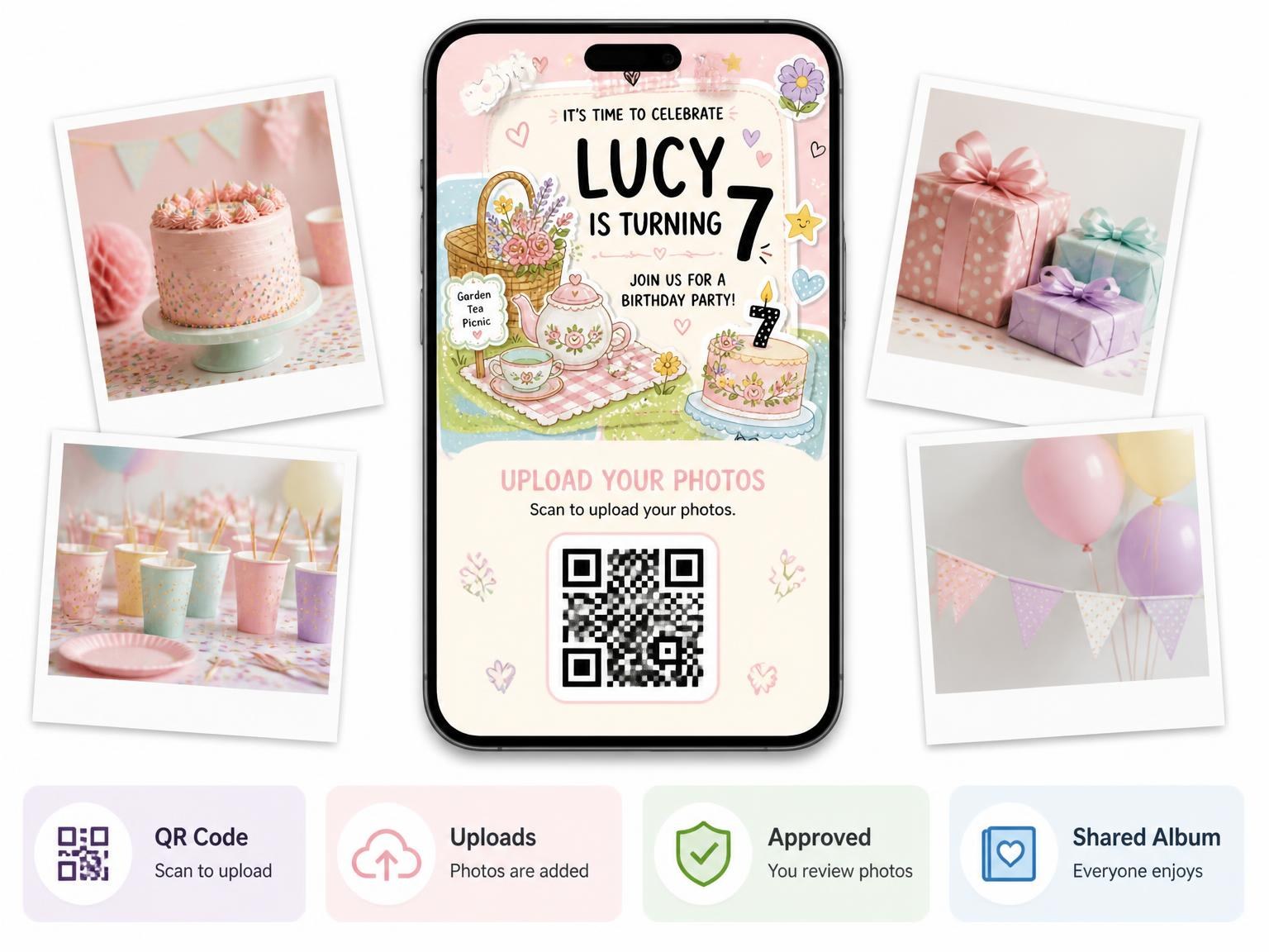 The shared photo gallery that comes with the Picnic Set Pastel 7th Birthday Invitation invitation
