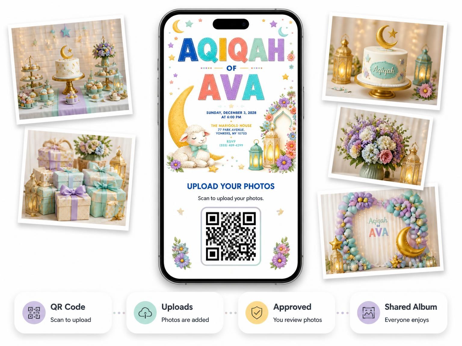 The shared photo gallery that comes with the Sleeping Baby Aqiqah Invitation invitation
