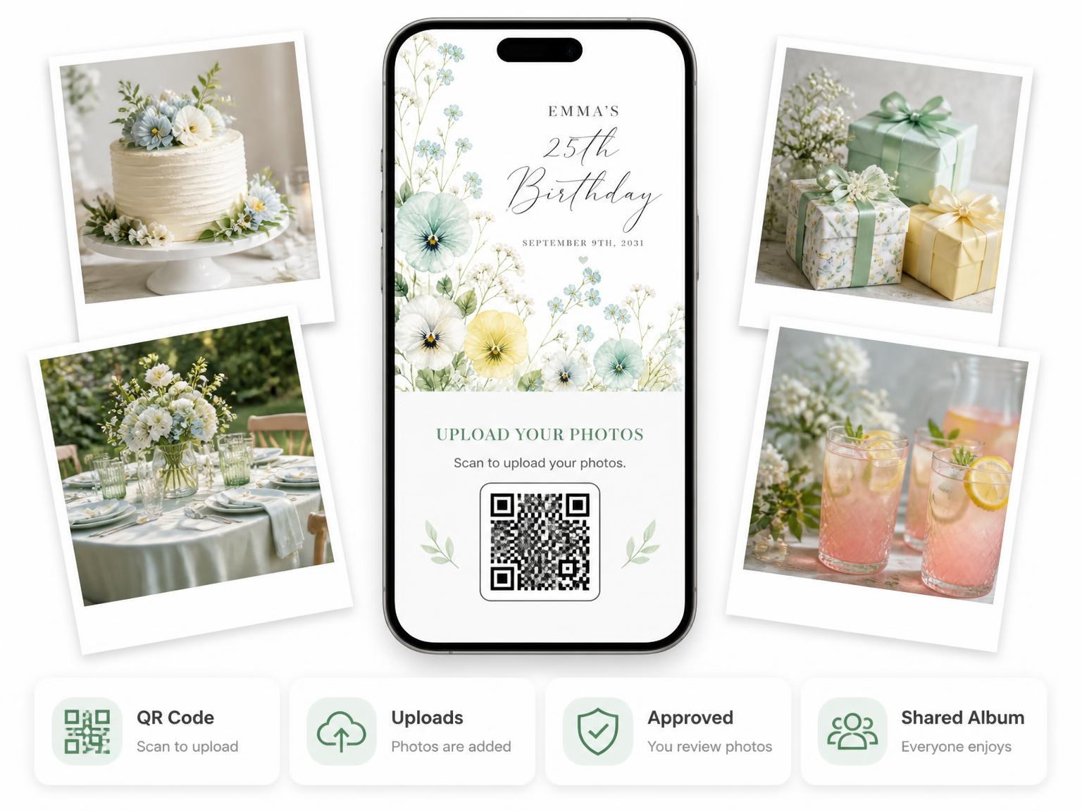 The shared photo gallery that comes with the Wildflower Meadow Mint 25th Birthday Invitation invitation