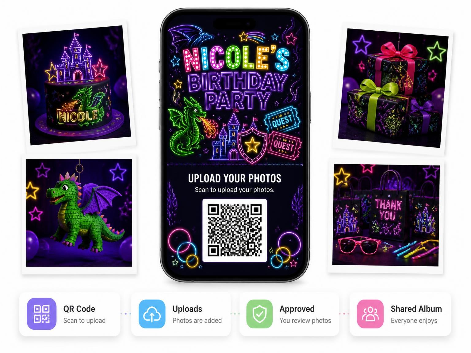 The shared photo gallery that comes with the Neon Dragon 25th Birthday Invitation invitation
