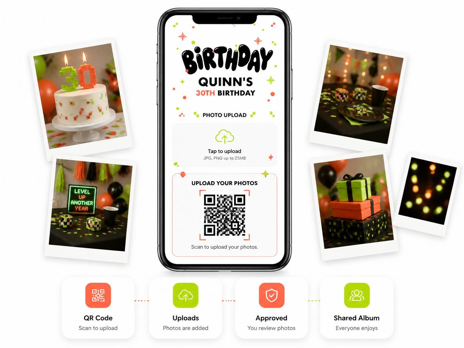 The shared photo gallery that comes with the Retro Arcade 30th Birthday Invitation invitation