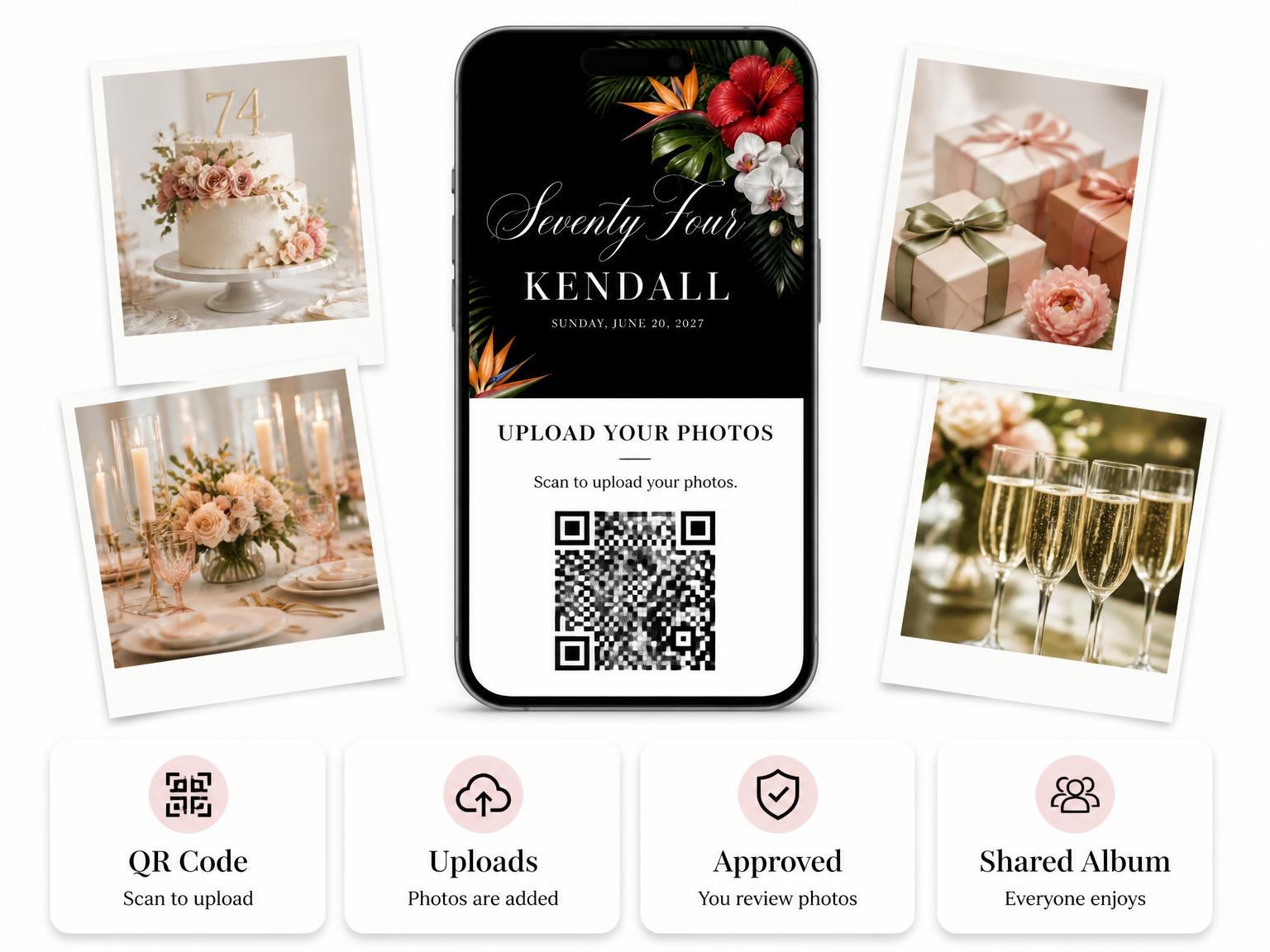The shared photo gallery that comes with the Black Floral 74th Birthday Invitation invitation