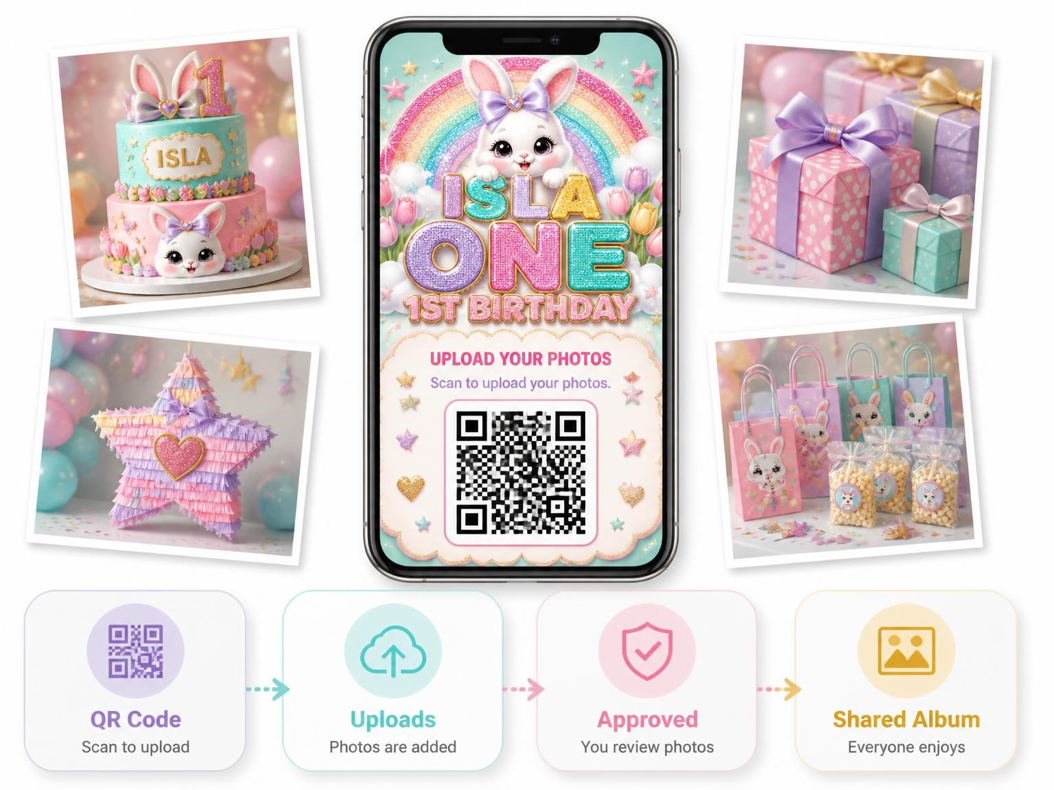 The shared photo gallery that comes with the Glitter Sparkle Bunny 1st Birthday Invitation invitation