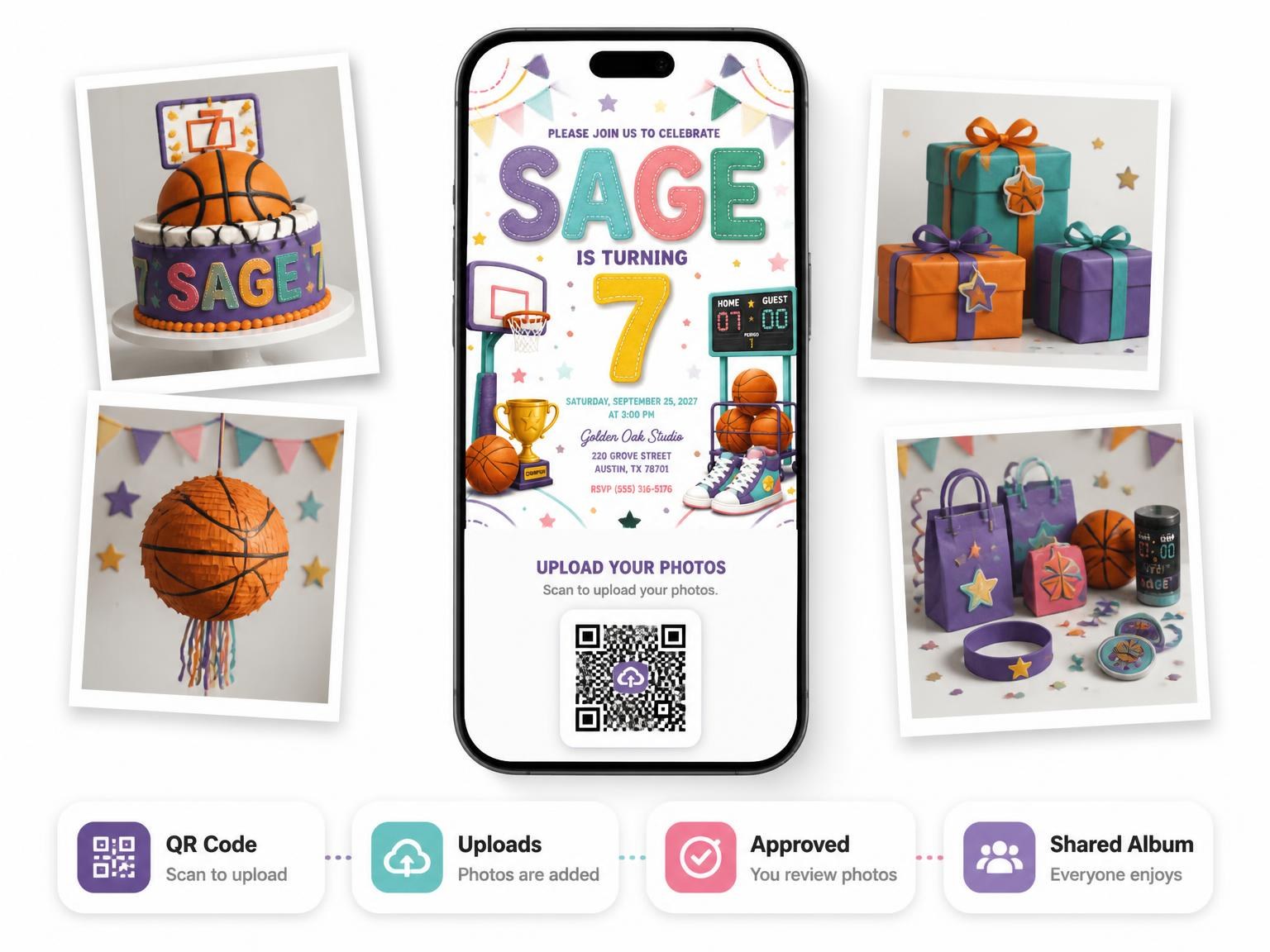 The shared photo gallery that comes with the Stitched Basketball 7th Birthday Invitation invitation