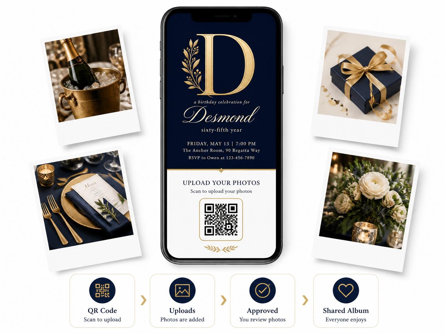 The shared photo gallery that comes with the Gold Laurel Initial Birthday Invitation invitation