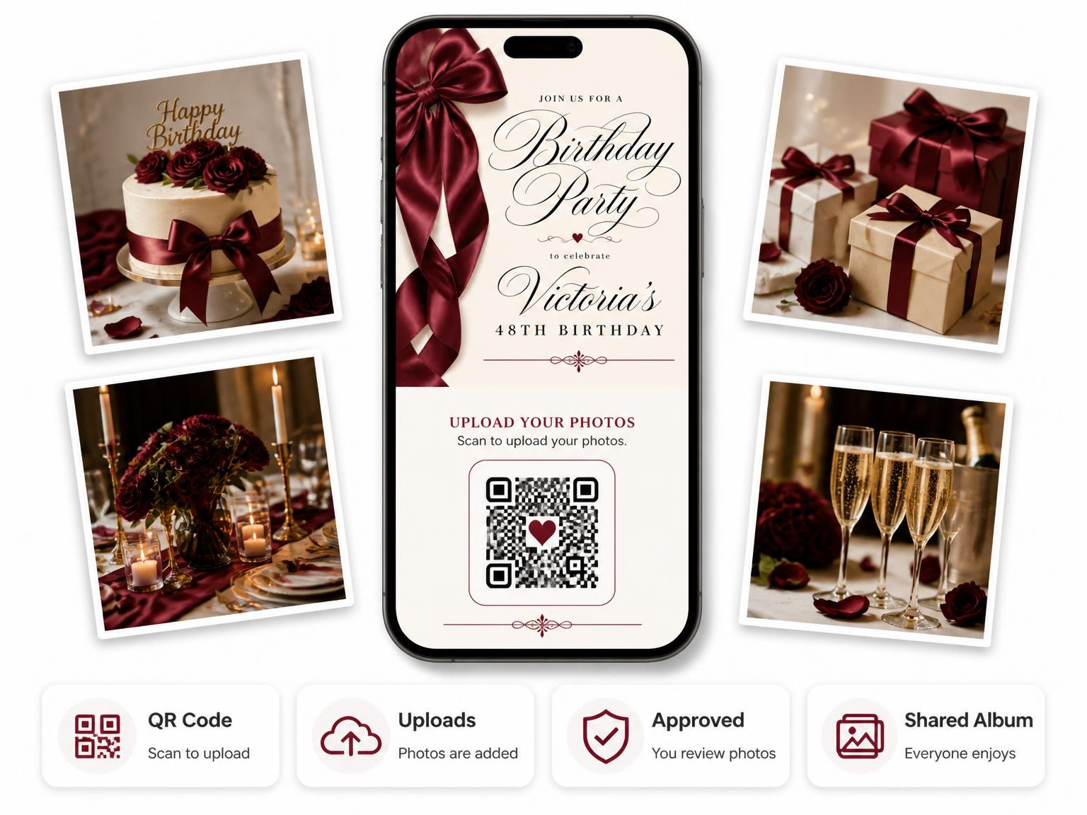 The shared photo gallery that comes with the Burgundy Satin Bow 48th Birthday Invitation invitation